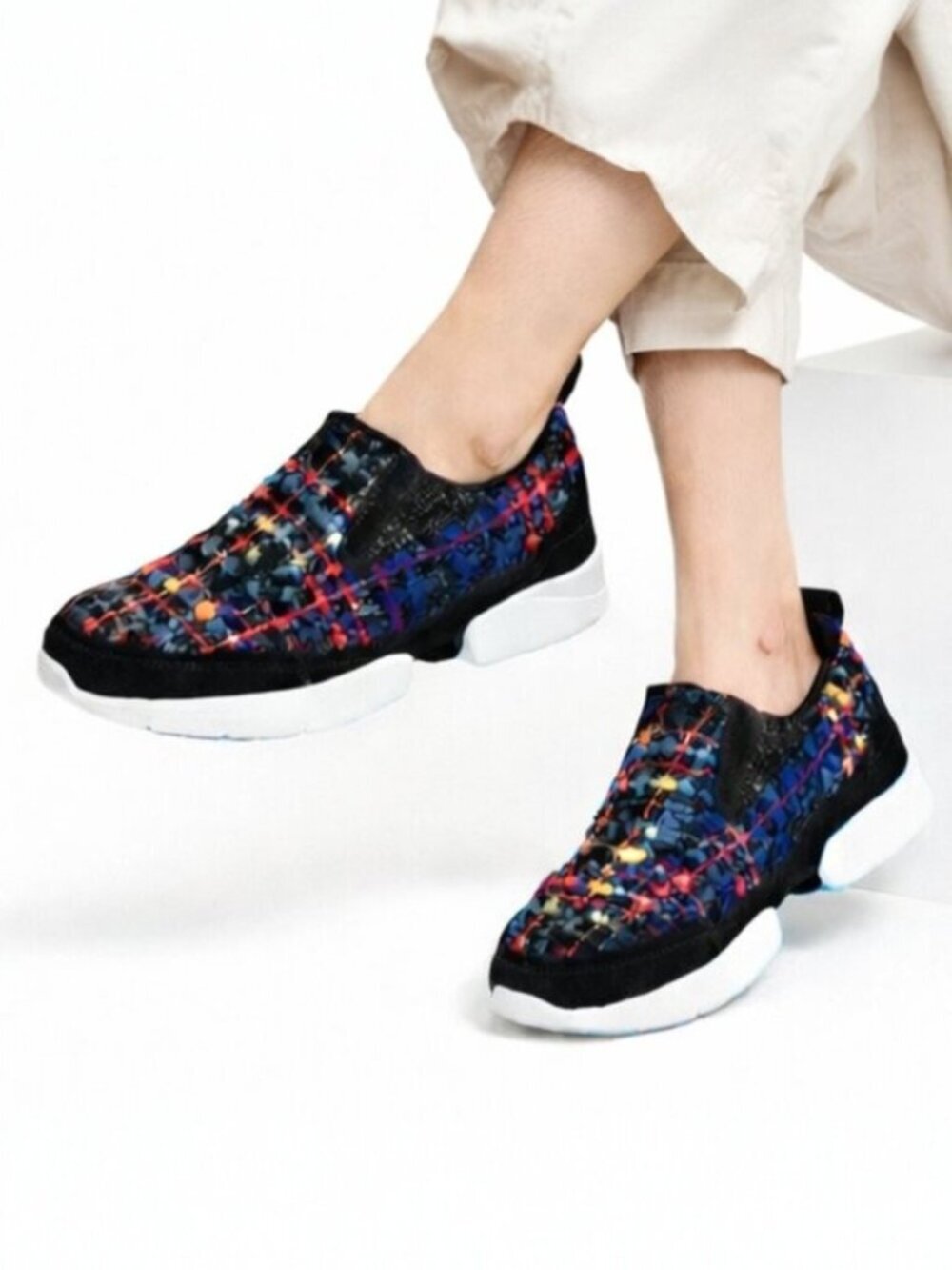 MSGM Black Blue Multicolor Tweed Platform Slip On Sneakers Size 36